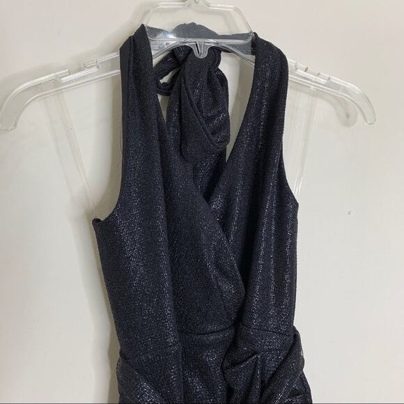 NEW Nookie Bellagio Mini Dress (Sz L) Halter Faux Wrap Black Shimmer - Picture 8 of 16